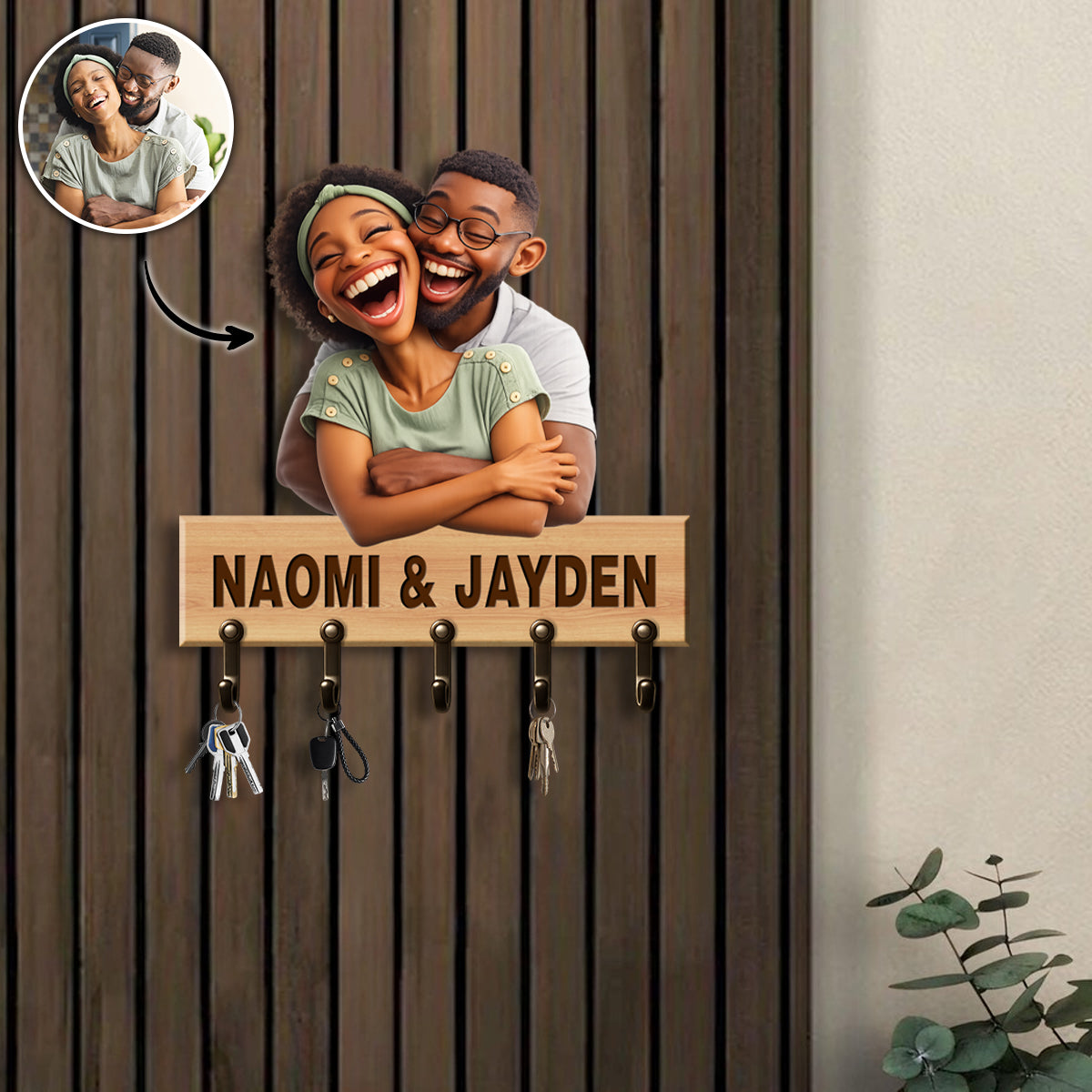 Custom Photo Caricature - Personalized Wooden Key Hanger