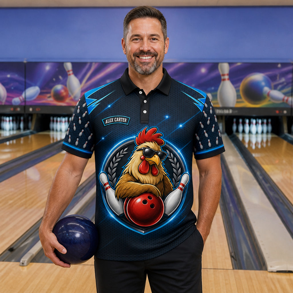 Personalized Rooster Bowling Polo Shirt – Custom Name, All-Over Print