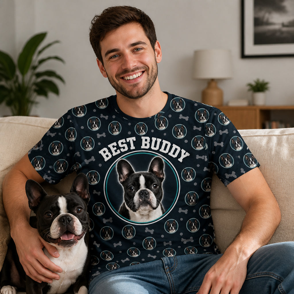 Custom Pet Photo Pattern AOP T‑Shirt - Lifestyle 2