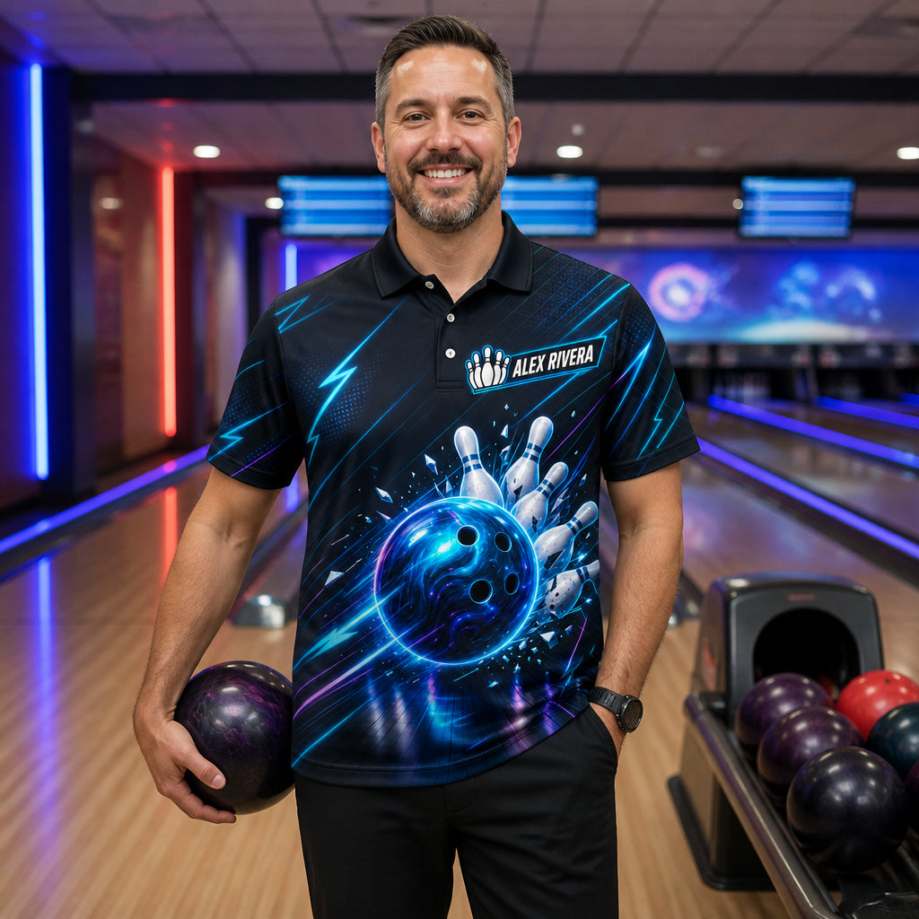 Personalized Neon Strike Bowling Polo Shirt – Custom Name, All-Over Print