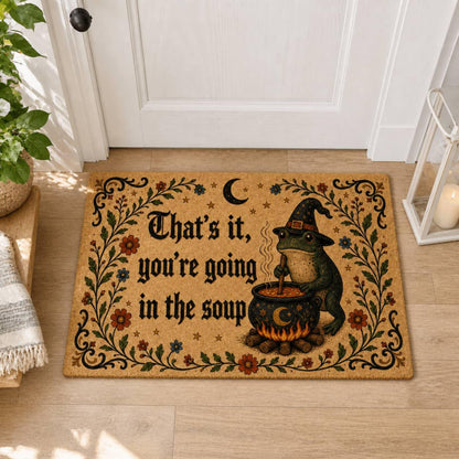 Printed Halloween Fabric Doormat with Witch Frog, Cauldron and Soup Meme Quote 2f390b7e-3f34-40a6-81f9-2b88d5438d3d-3.jpg