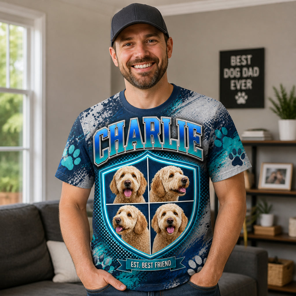 Custom Dog Name + 4-Photo Retro Crest Tee - Lifestyle 1