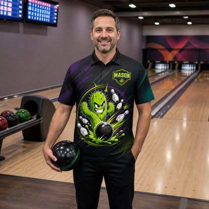Personalized Cactus Strike Bowling Polo Shirt – Custom Name, All-Over Print