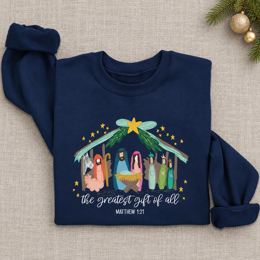 Coquette Bow Nativity Sweatshirt, The Greatest Gift of All, Christian Christmas Shirt, Religious Holiday Gift 3090c39a-f535-4cb3-b18c-ff1789df386a--o-n-Noel-xanh-navy-tr-n-linen-1.png