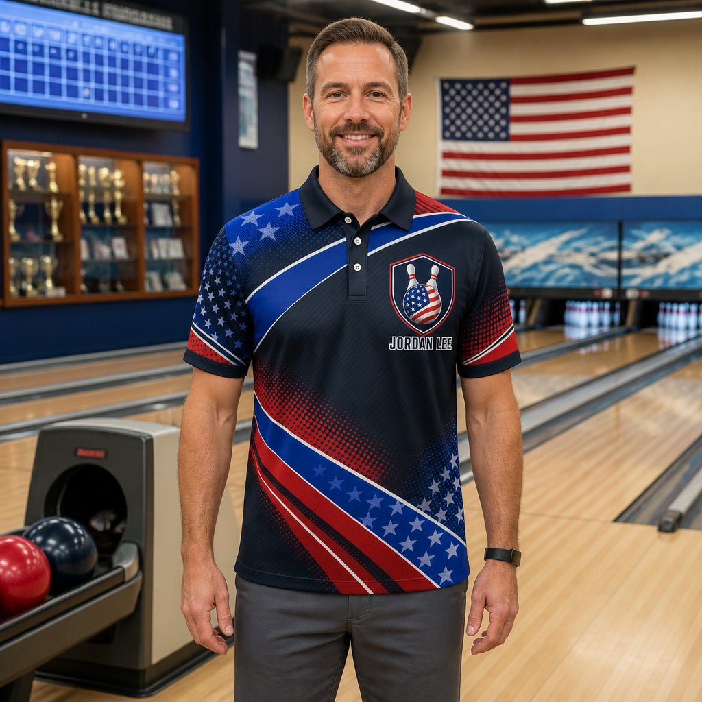 Personalized Stars, Stripes & Strikes Bowling Polo Shirt – Custom Name, All-Over Print