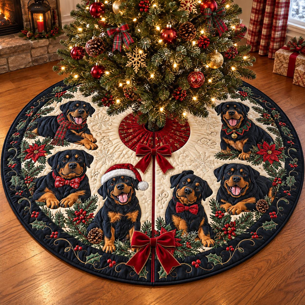 Quilted Rottweiler Christmas Tree Skirt – Festive Puppy Design with Holly & Red Bows, Cozy Holiday Decor, Christmas Gift for Rottweiler Lovers 318a205d-5314-496a-bc3b-52f6356a811e-2.jpg