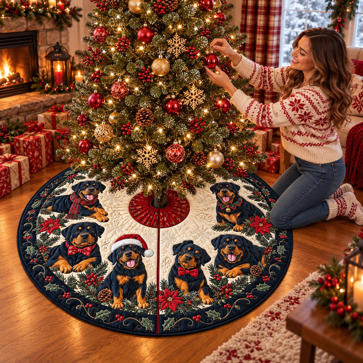 Quilted Rottweiler Christmas Tree Skirt – Festive Puppy Design with Holly & Red Bows, Cozy Holiday Decor, Christmas Gift for Rottweiler Lovers 324c105b-0de3-492d-b367-d40c130e512a-3.jpg