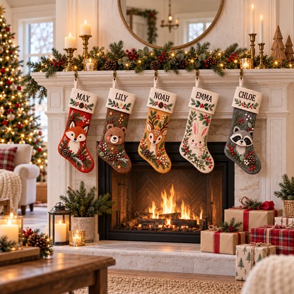 Personalized Christmas Stocking Woodland Animal Forest Creature Rustic Fireplace Mantel Decor 32d16554-7a55-42ee-a0be-3d091a6b22ed-banner-1.png