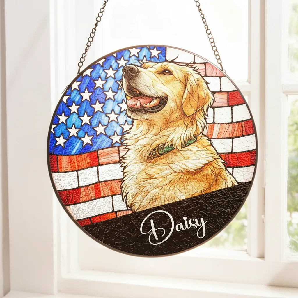 Custom Dog Cat Photo USA 250 Anniversary - Stained Glass Window Hanging Suncatcher