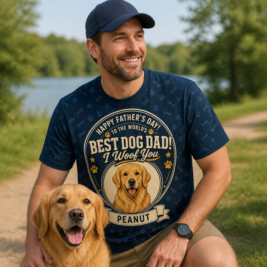 World's Best Dog Dad — Custom Pet Photo AOP Tee - Lifestyle 1