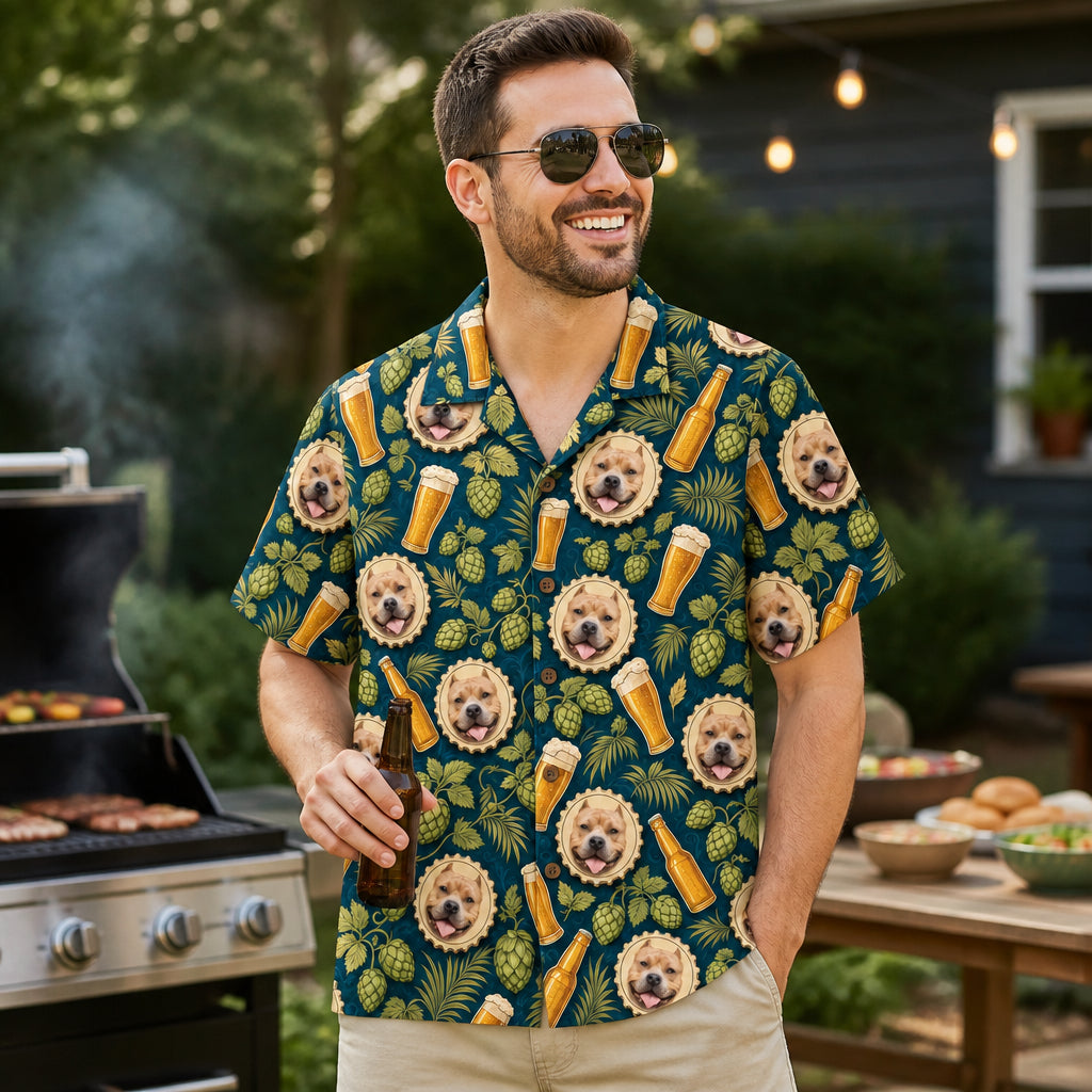 Custom Pet Face x Beer Pattern Hawaiian Shirt - Lifestyle 2