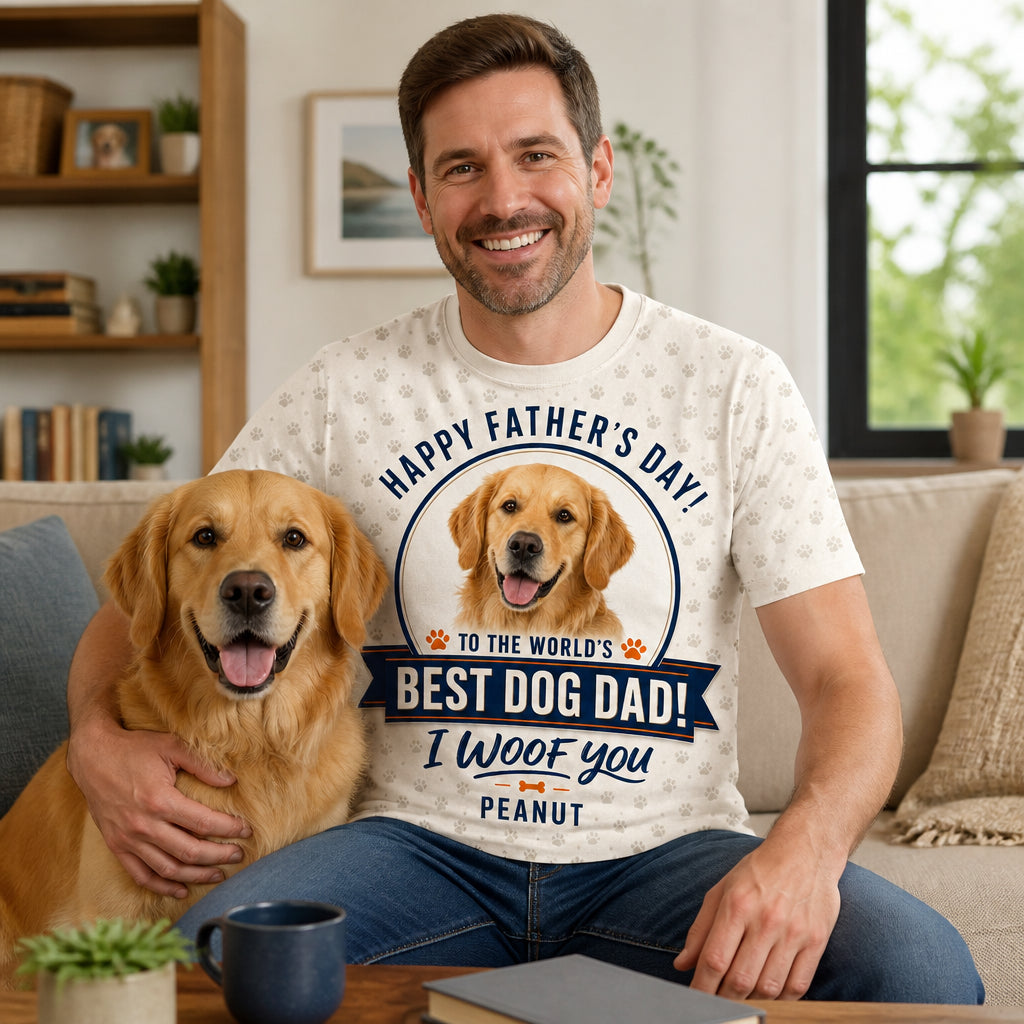 World's Best Dog Dad - Photo & Name AOP Tee - Lifestyle 1