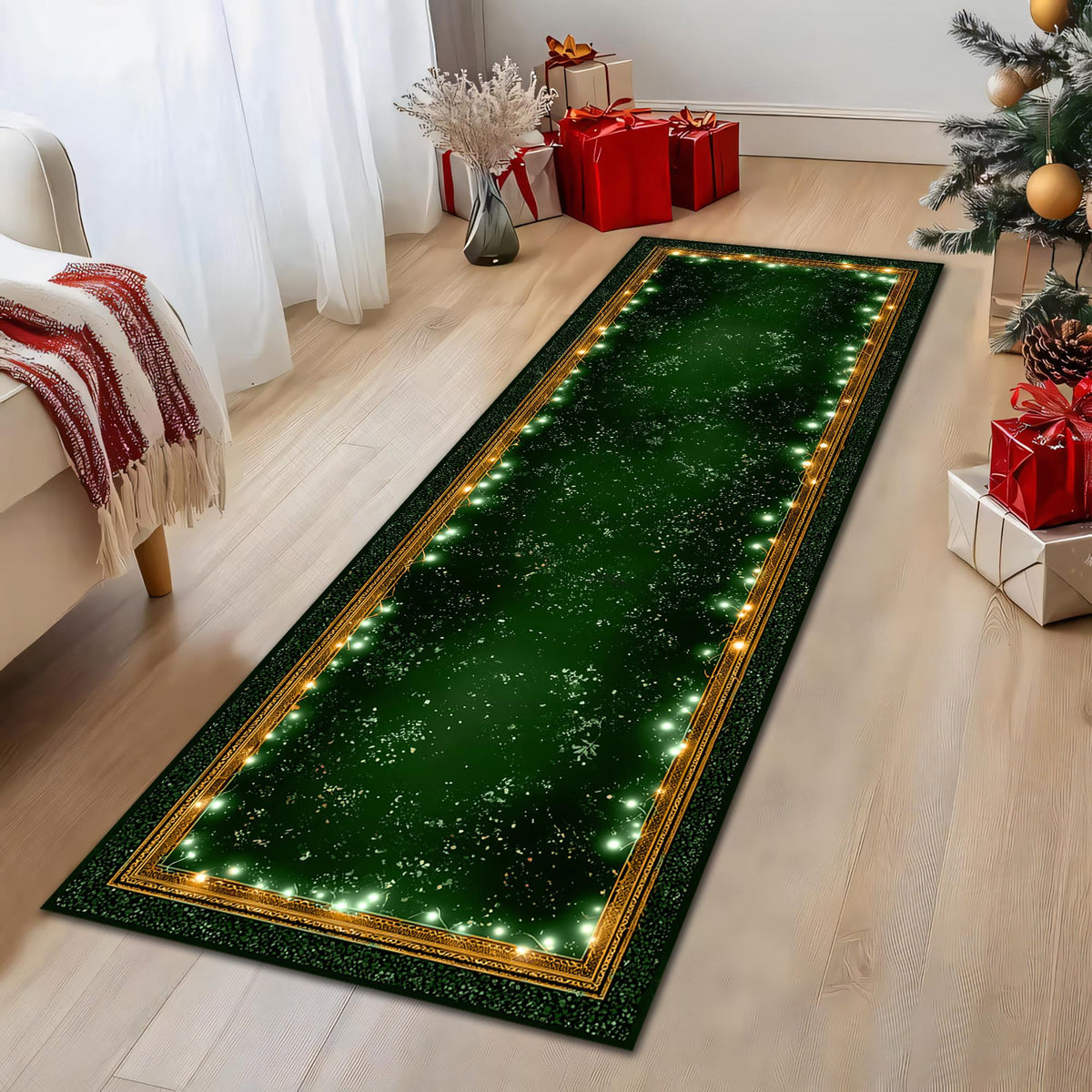 Green Christmas Runner Rug with Gold Trim, Festive Hallway Carpet, Holiday Entryway Runner, Decorative Winter Home Floor Mat 36d10203-a152-47d9-a313-244544a4b6f4-4.jpg