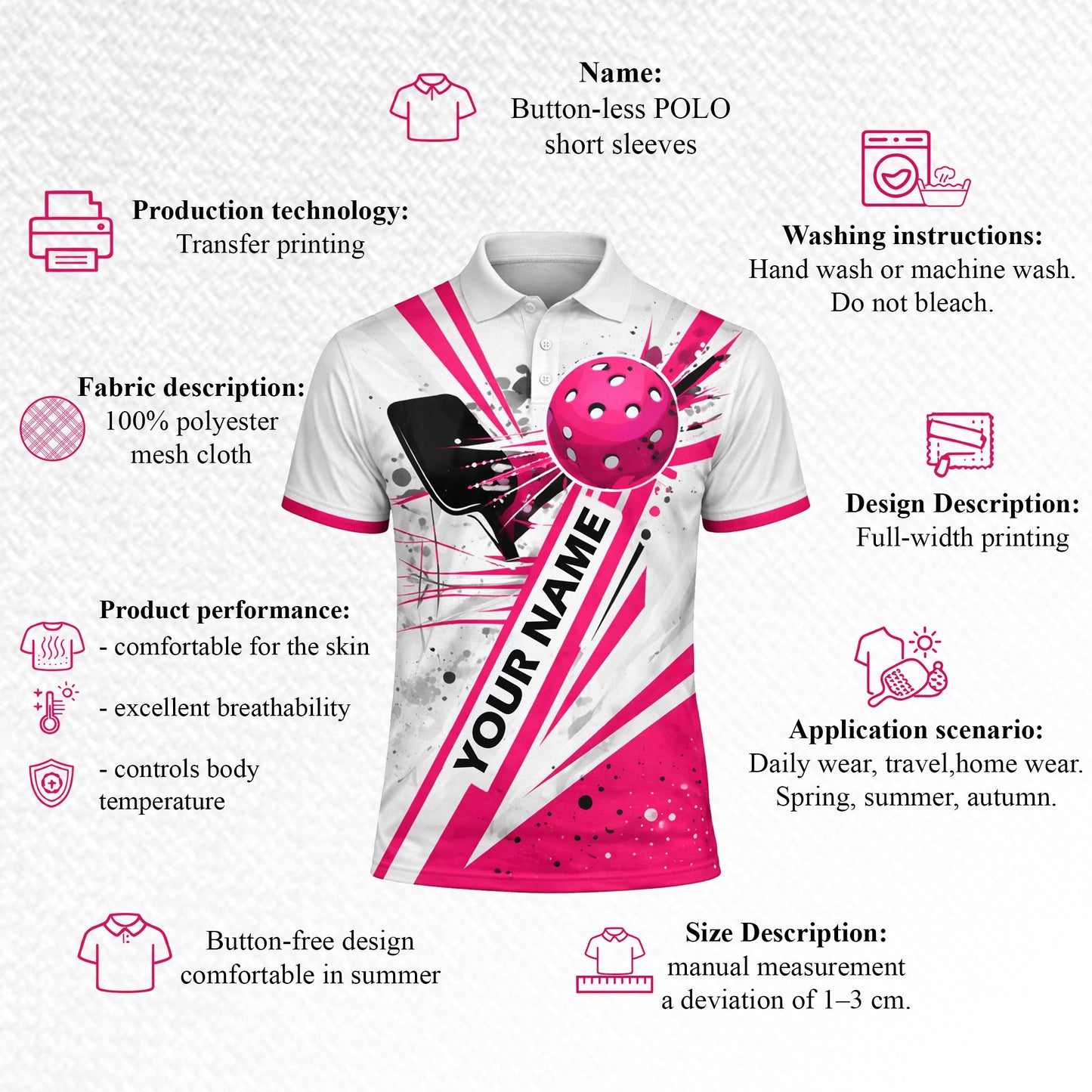 Mens Pickleball Polo Shirt Pink Splash Custom Name Team