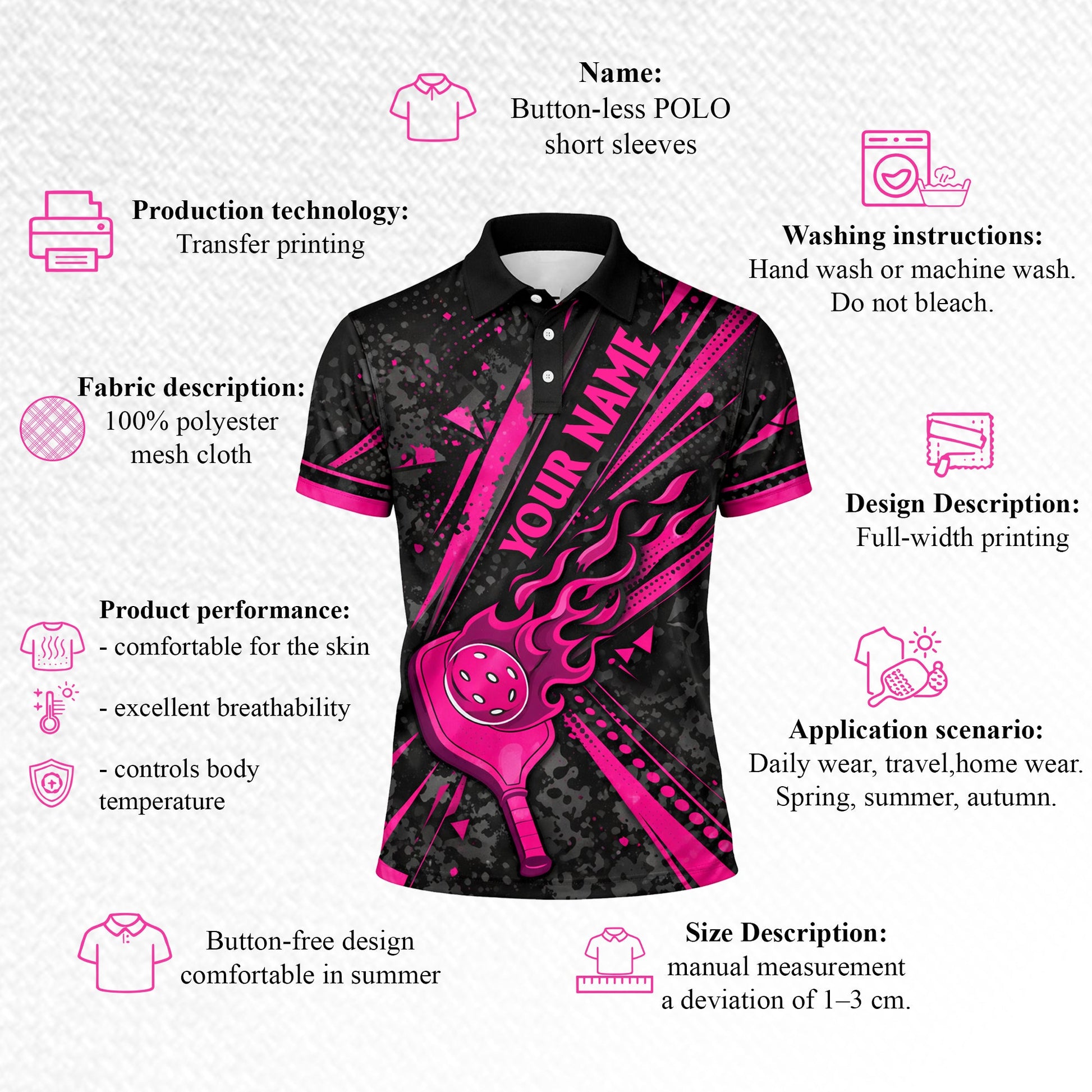 Custom Pickleball Polo Shirt Pink Flame Paddle Design Personalized Name Team Shirt Breathable Performance