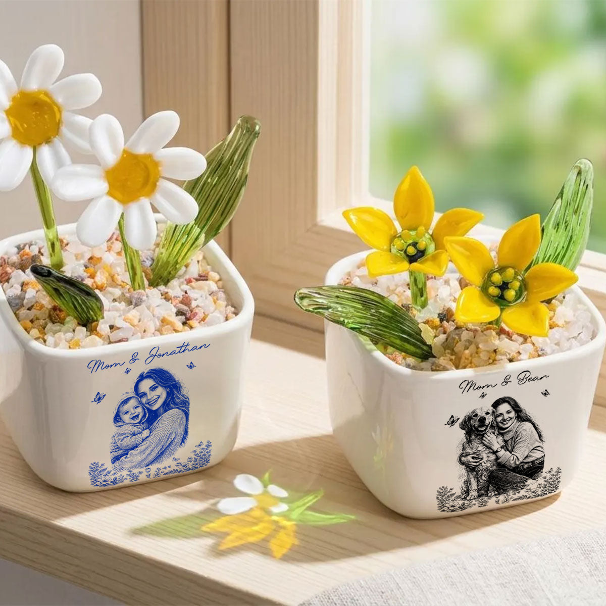 Pencil Sketch Photo - Birth Flower Glass Pot Gift