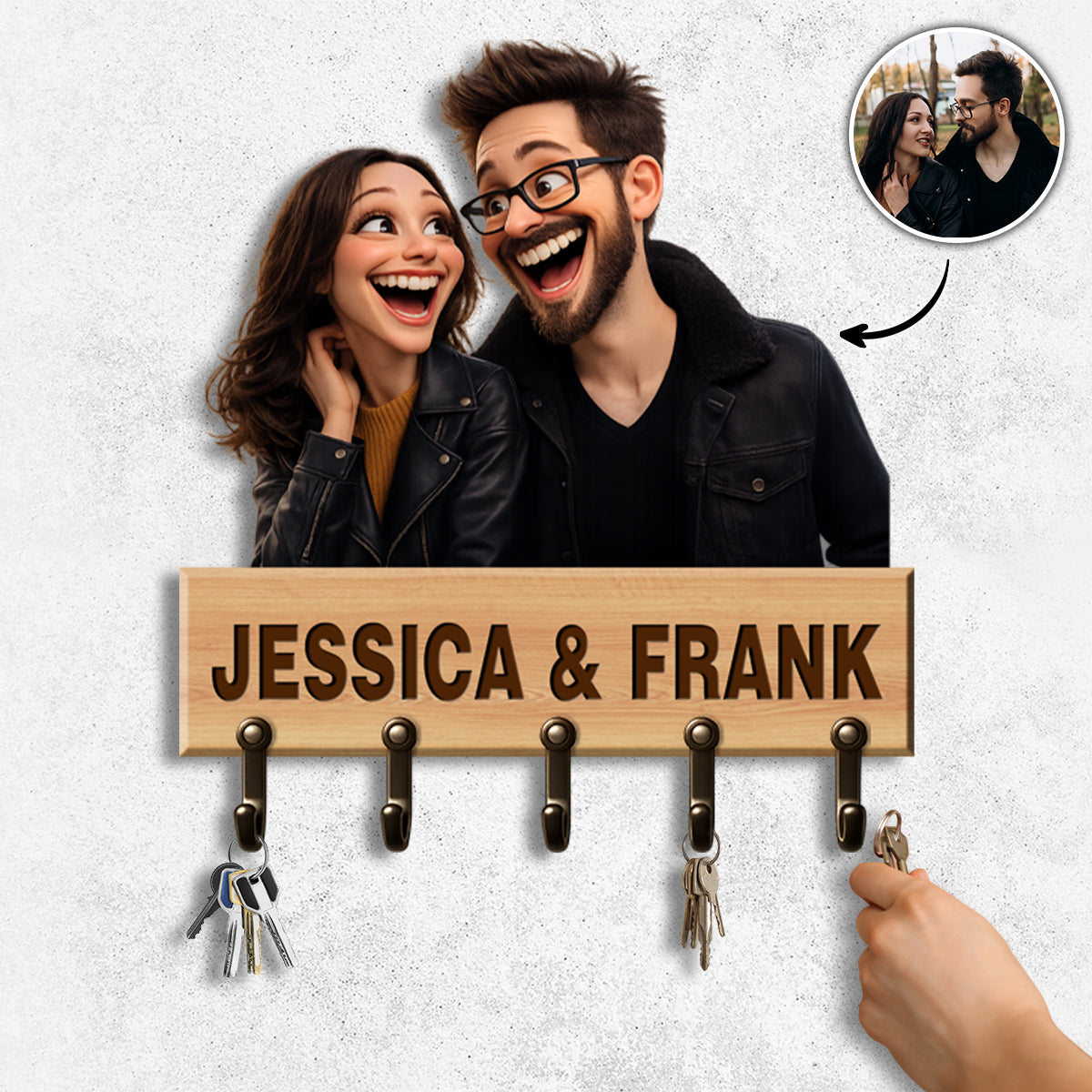 Custom Photo Caricature - Personalized Wooden Key Hanger