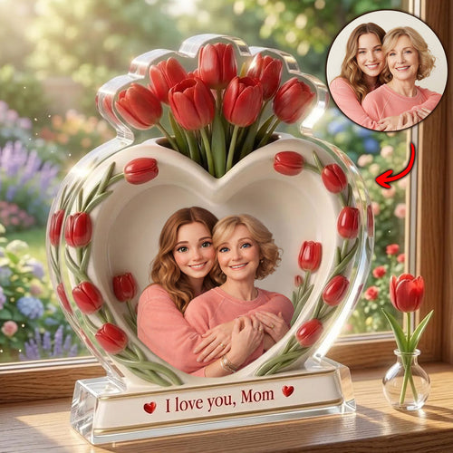Custom Mom & Daughter Heart Frame with Tulips - Personalized Acrylic Plaque