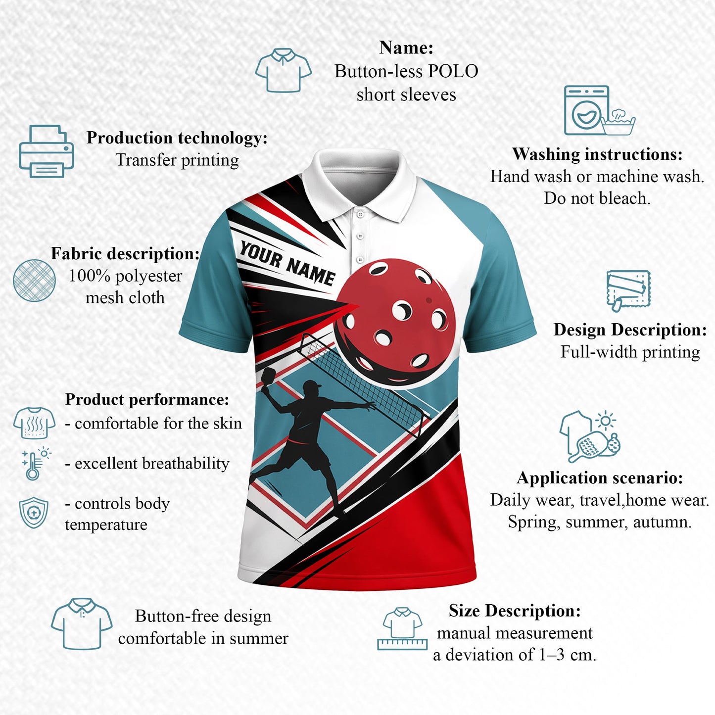Men's Pickleball Polo Shirt Personalized Name Team Custom Short Sleeve Athletic Golf Polo Teal Red White Black Player Print