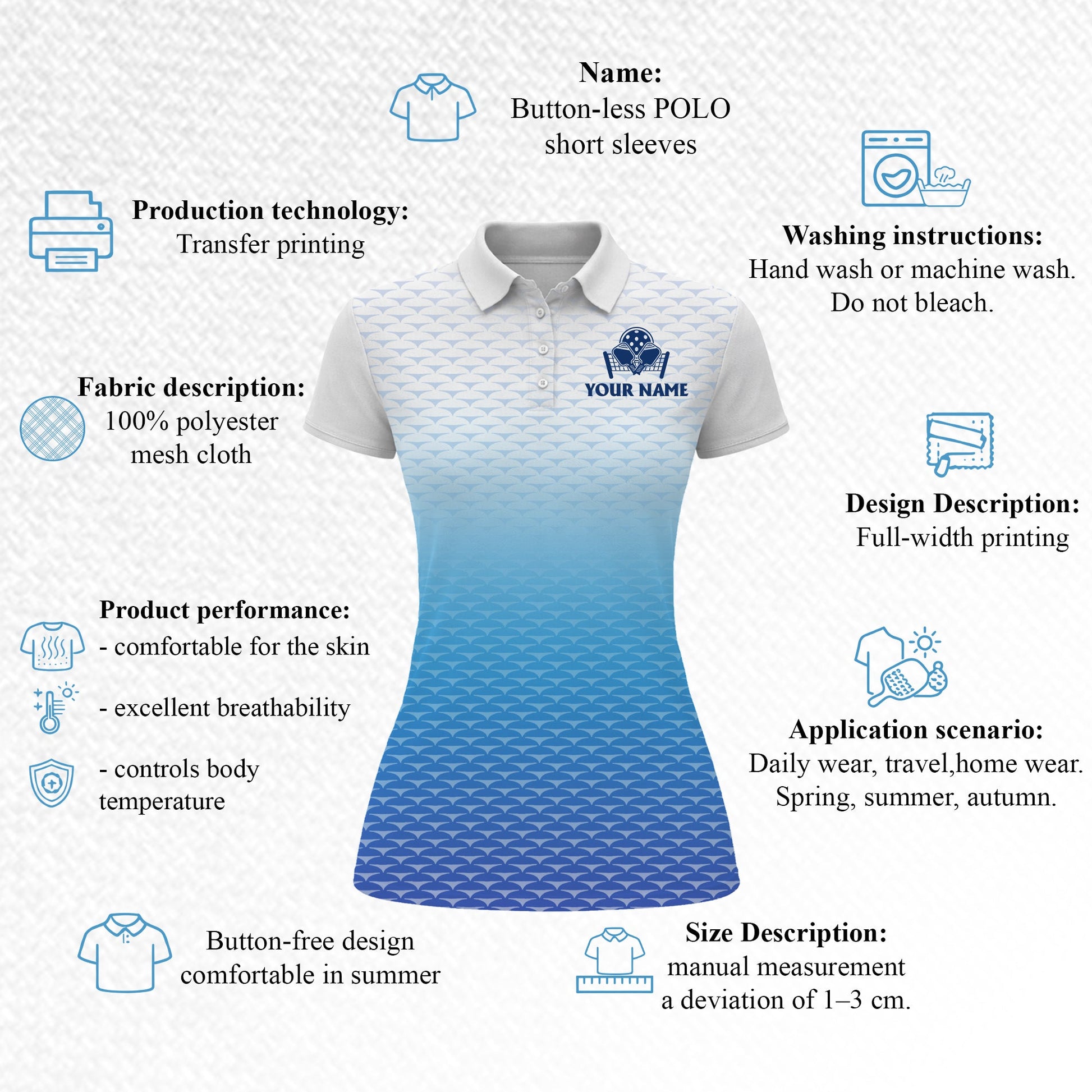 Women s Pickleball Polo Shirt Gradient Blue Pattern Custom Name Team Shirt Breathable Performance