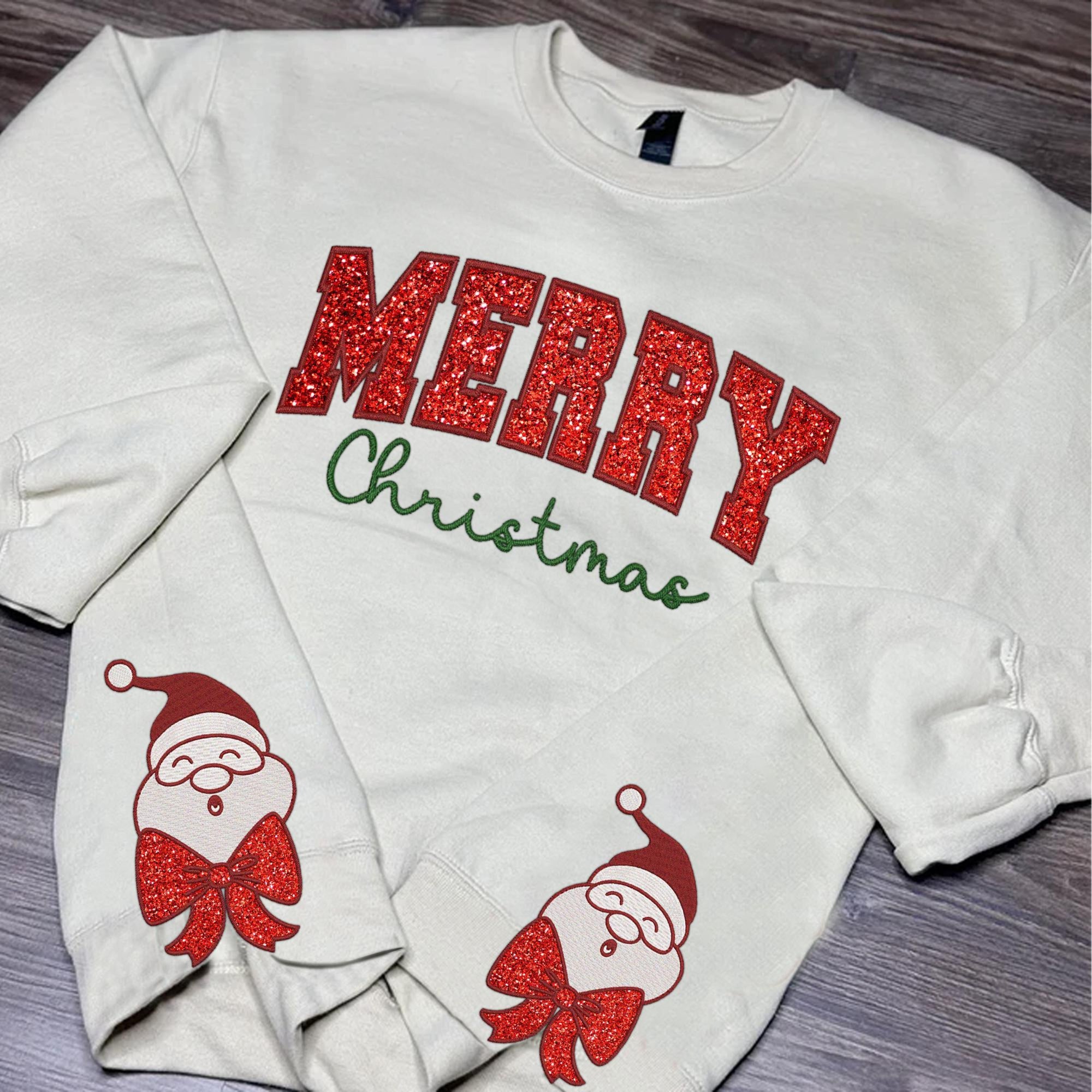 Merry Christmas Embroidered Side Bow Glitter Sweatshirt, Santa Claus Side Bow Sweatshirt, Side Bow Applique Sweatshirt, Trendy Coquette Bow 3_2eb93bd3-db2d-4d4e-a84a-72289e124dd7.jpg