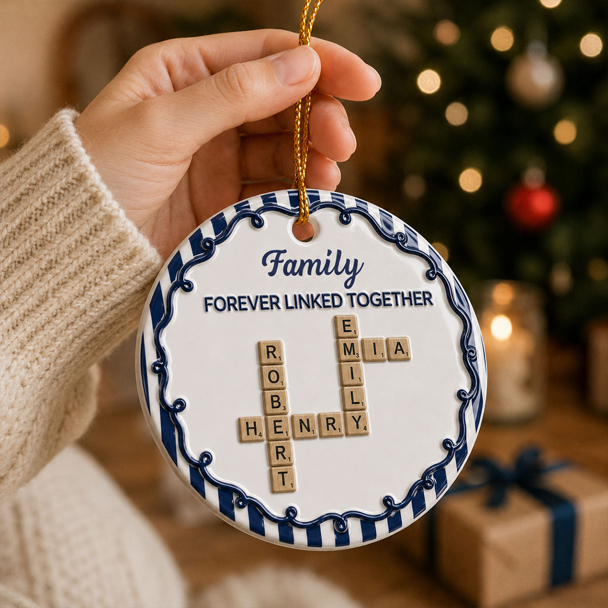Brothers & Sisters Forever Linked Together Crossword Striped Christmas  - Real 3D Raised Ornament