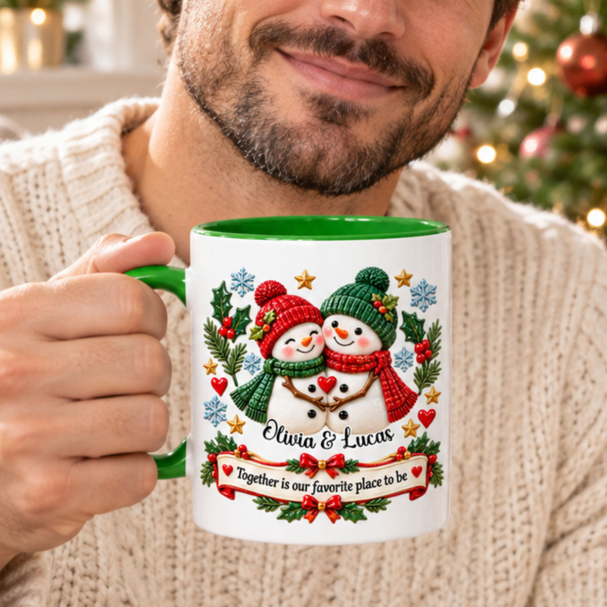 Christmas Snowman - Personalized Custom Accent Mug - Christmas Gift For Couples