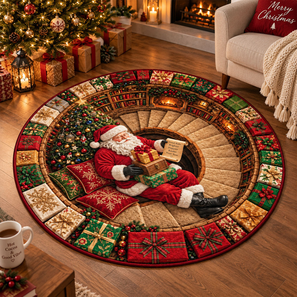 3D Santa Claus Vortex Christmas Rug, Round Optical Illusion Area Rug, Santa Floor Mat, Holiday Living Room Decor, Christmas Gifts