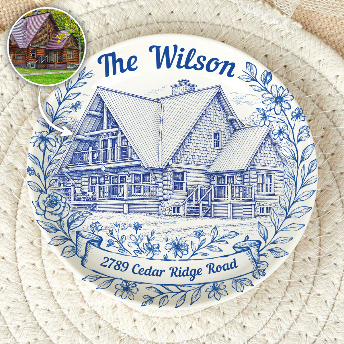 Personalized Family Name & Address Plate Custom Blue Vintage Porcelain Keepsake