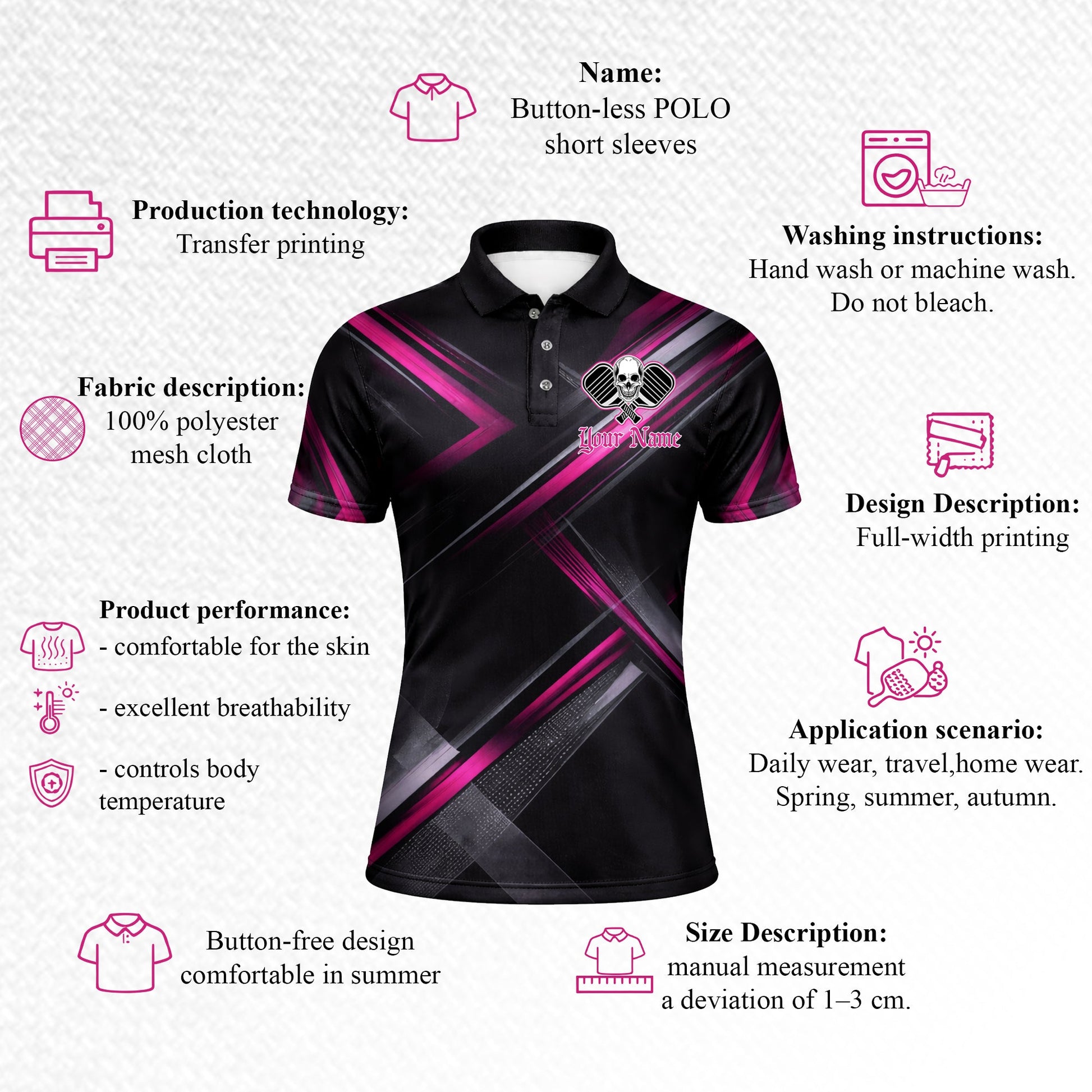 Custom Team Pickleball Polo Shirt Personalized Name Skull Paddle Sport Shirt Black Pink Performance Polo