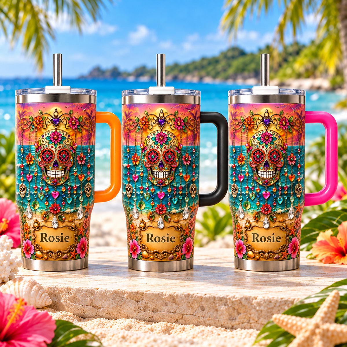 Sugar Skull Tumbler, Day of the Dead, Floral Skull 40oz Tumbler