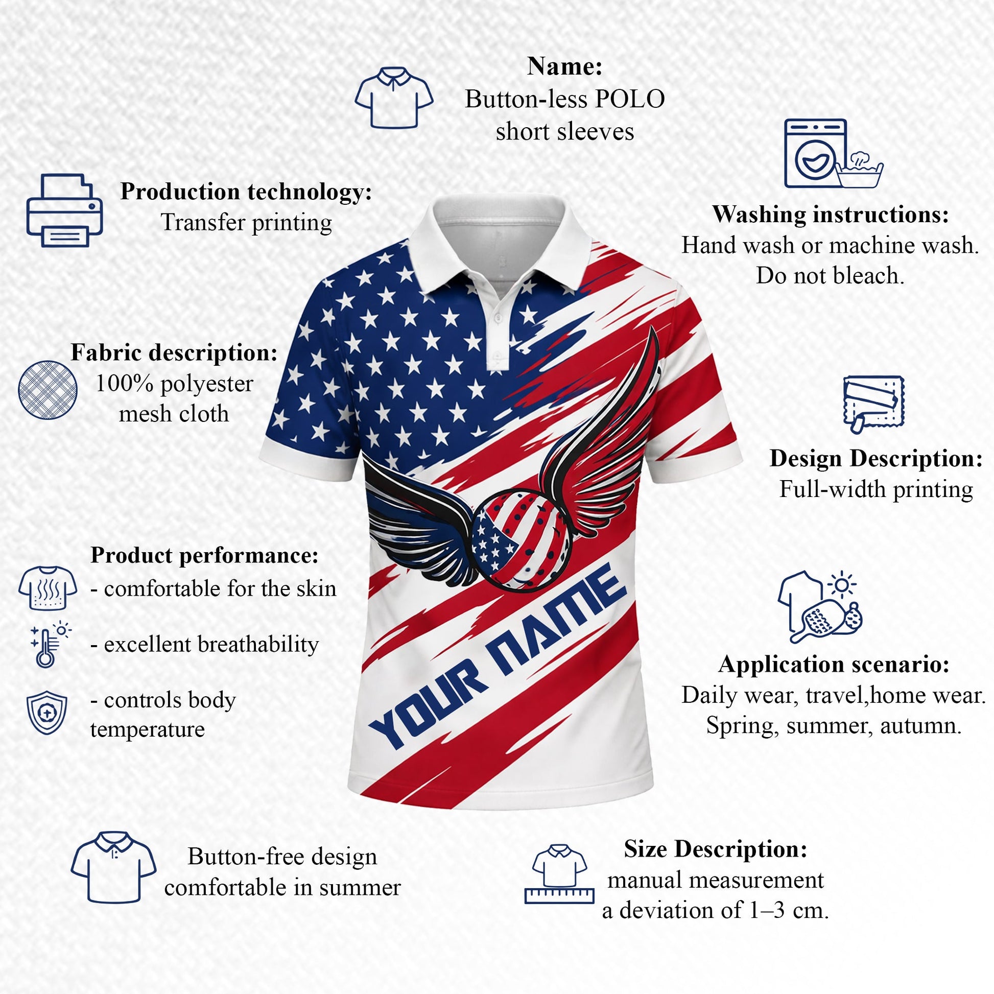 Patriotic USA Flag Polo Shirt Custom Name American Eagle Wings Pickleball Shirt