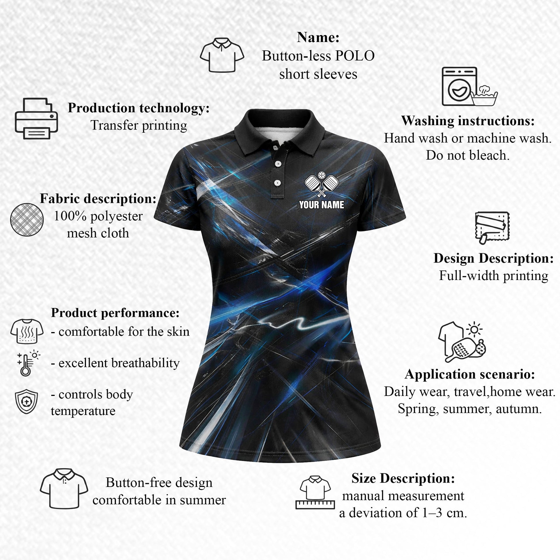 Personalized Pickleball Polo Shirt Blue Lightning Abstract Design Custom Name Athletic Performance Shirt