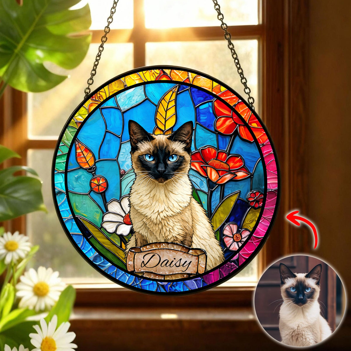 Stained Glass Style Pet Portrait - Personalized Stained Window Hanging Suncatcher