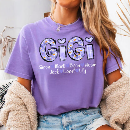 Custom Gigi Purple Daisy With Grandkids - Personalized Mother's Day Shirt