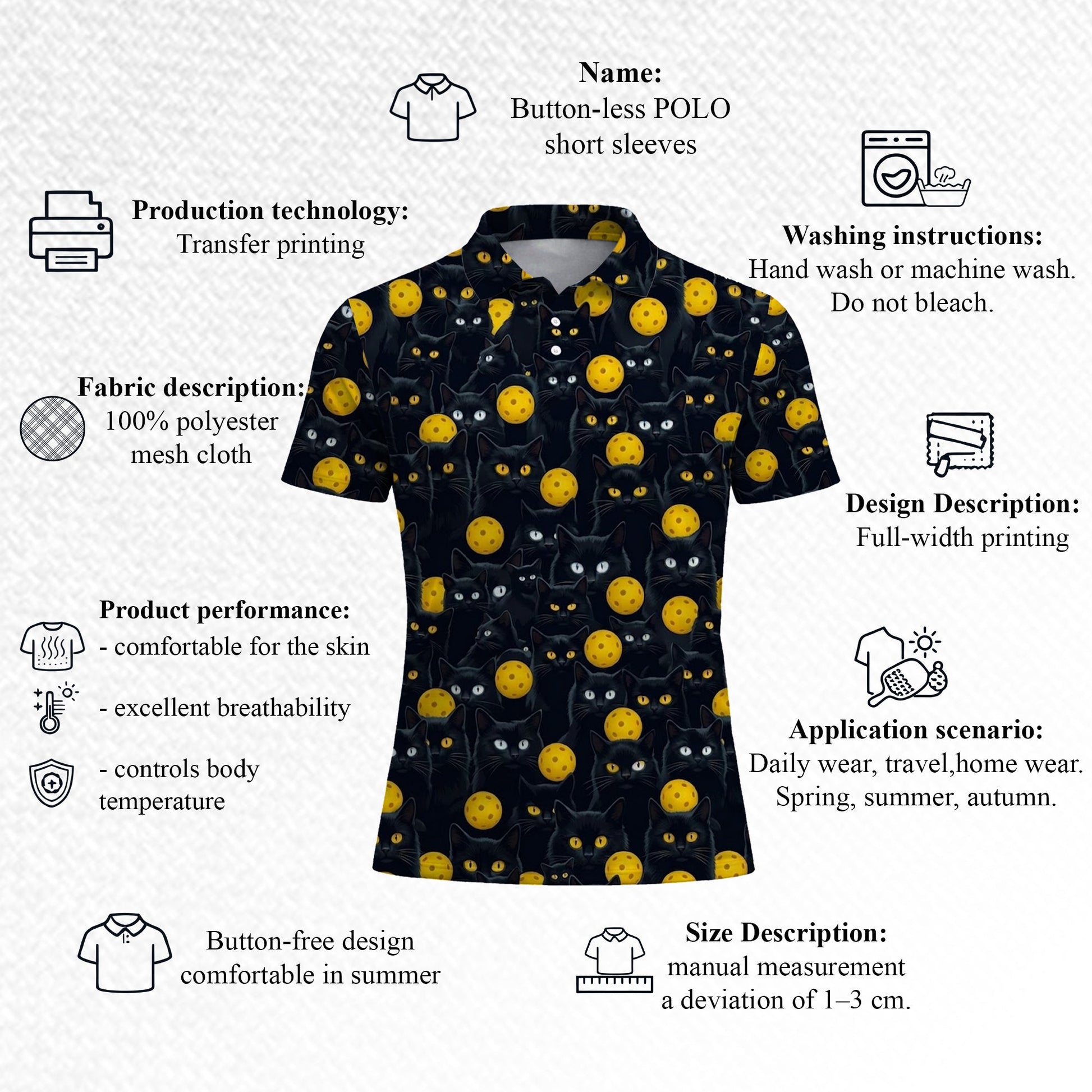 Black Cat Pickleball Polo Shirt Funny Cat Lover Sports Shirt All Over Print Breathable Athletic Tee