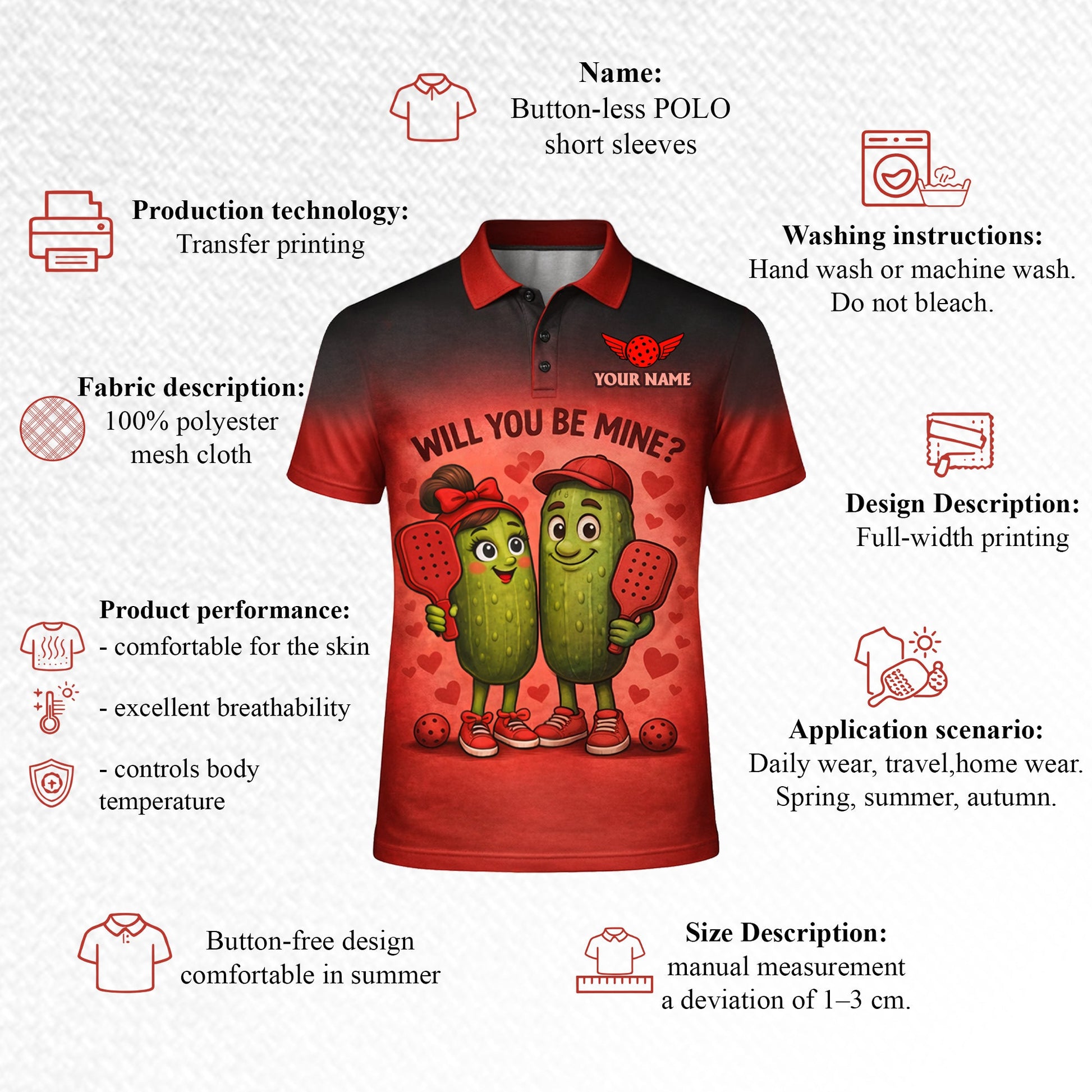 Personalized Valentine Pickleball Polo Shirt Will You Be Mine Cute Pickle Couple Custom Name Team Men's Short Sleeve Red Black Gradient Tee