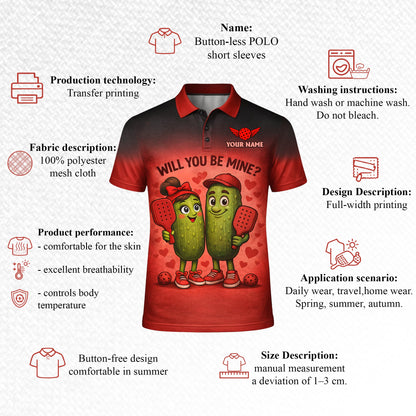 Personalized Valentine Pickleball Polo Shirt Will You Be Mine Cute Pickle Couple Custom Name Team Men's Short Sleeve Red Black Gradient Tee