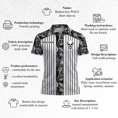 Skull Pickleball Polo Shirt Black White Personalized Name Team Shirt Performance Sports Polo Unisex