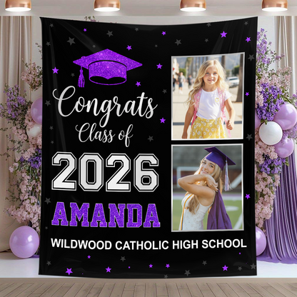 Photo And Glitter Name Personalized Graduation Backdrop