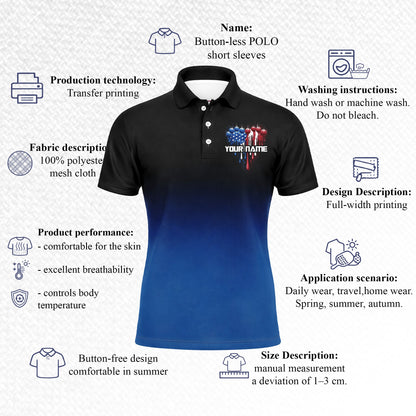 Men's Patriotic Pickleball Polo Shirt Personalized Team Name American Flag Pickleball Balls Custom Short Sleeve Golf Polo Black Blue Gradient