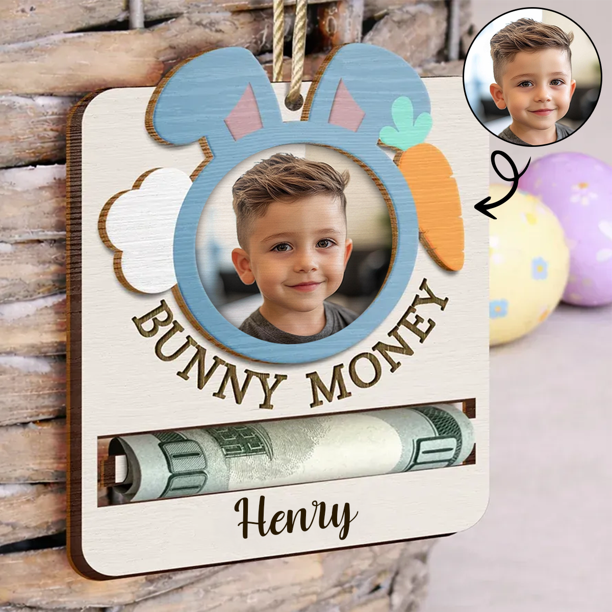 Custom Photo Bunny Money Holder - Personalized 2-Layered Wooden Ornament