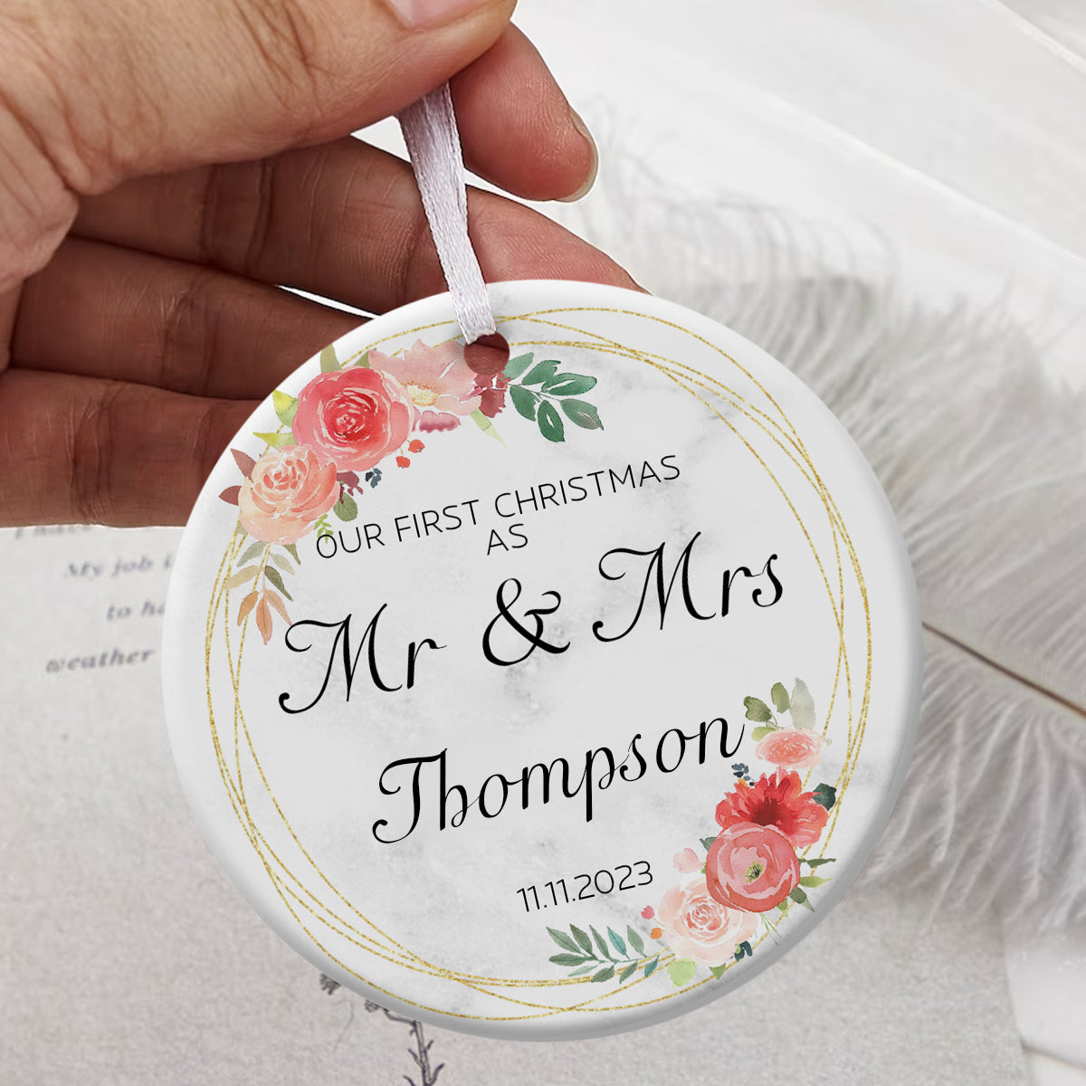 Our 1st Christmas As Mr. & Mrs. Golden Wreath Pink Roses - Personalized Ornament - Christmas Gift 3_8ae3fd66-217d-43ce-86ed-666a22035cb3.jpg