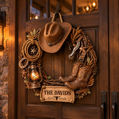Cowboy Wreath Wood Sign - Custom Family Name Rustic Wall Art Plaque - Housewarming Gift for Farmers, Country Home Decor