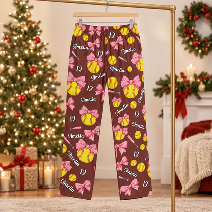Coquette Bow Softball Custom Name, Number Gift For Softball Player, Softball Team - Personalized Lounge Pants
