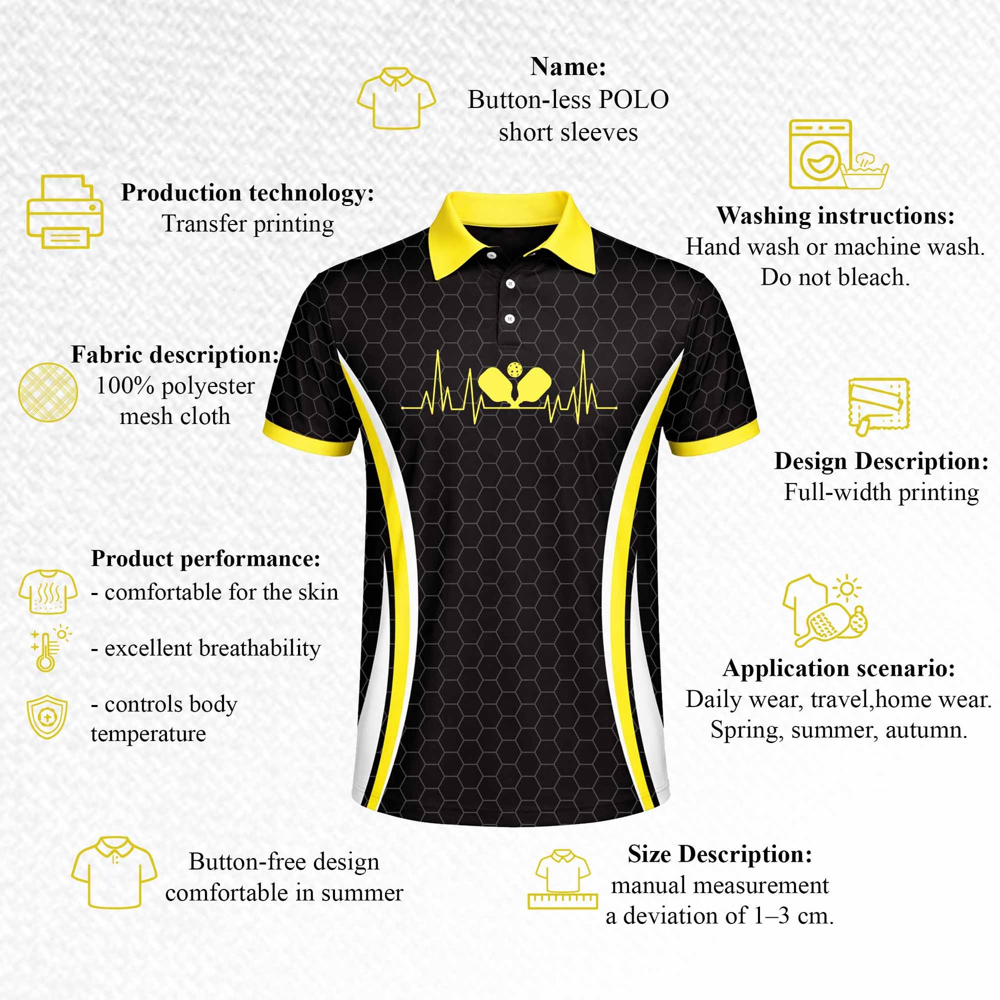 Custom Pickleball Polo Shirt Heartbeat Paddle Design Personalized Name Team Jersey Performance Unisex Shirt Black Yellow