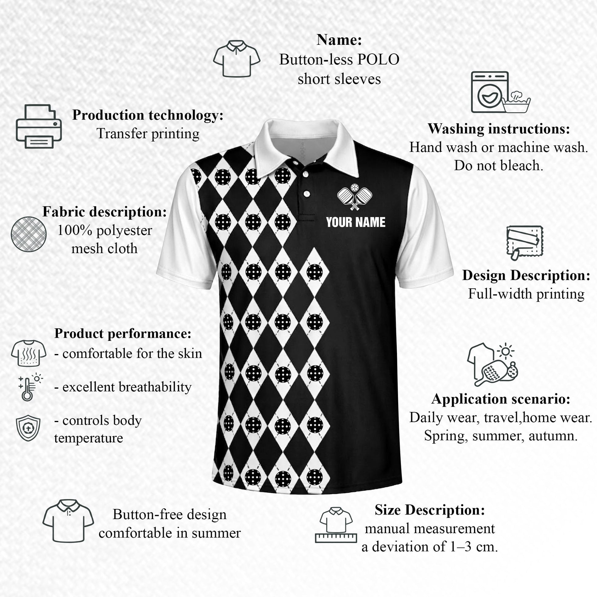 Custom Pickleball Polo Shirt Personalized Name Argyle Black White Performance Team Shirt Unisex