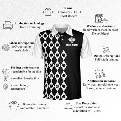 Custom Pickleball Polo Shirt Personalized Name Argyle Black White Performance Team Shirt Unisex