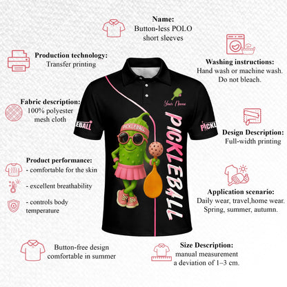 Women Pickleball Polo Shirt Cute Pickle Character Pink Style Custom Name Breathable Performance Polo