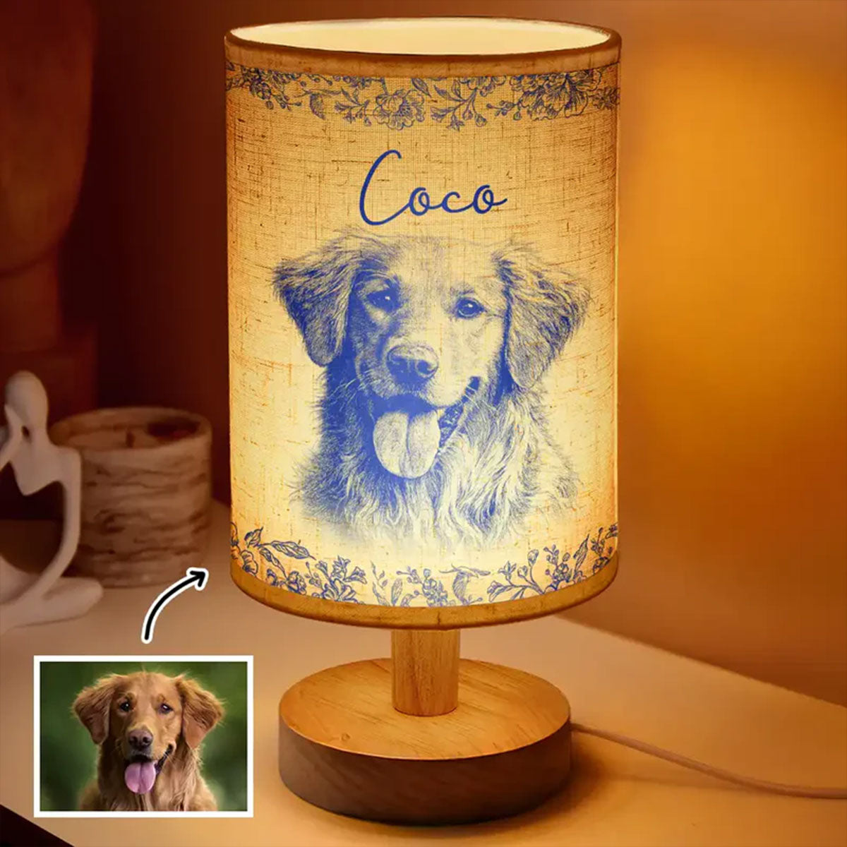 Custom Photo Pencil Sketch Memorial Family Dog Cat Portrait - Personalized Table Lamp